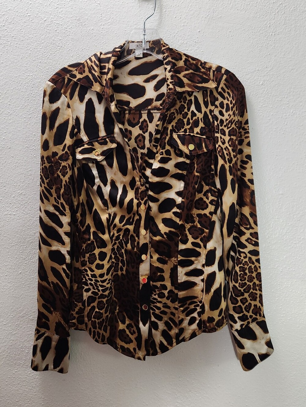 Vintage Caché Leopard Print Button Down Silk Blouse Size XS